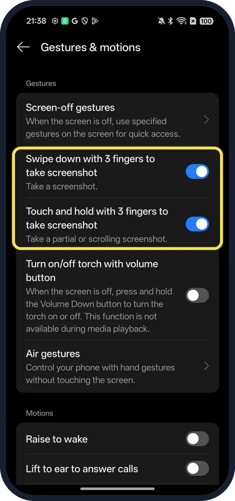 Android screenshot: 3-finger gestures in Gestures & motions