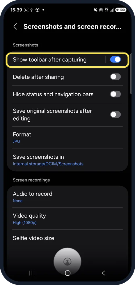 Android screenshot: Show toolbar after capturing
