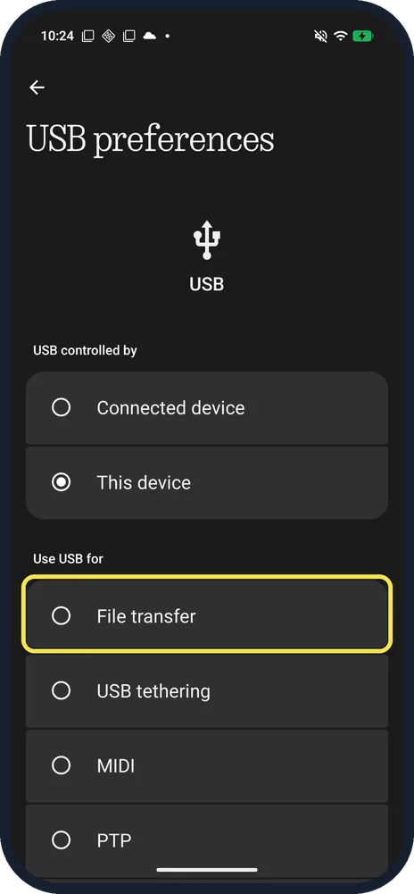 Android screenshot: File transfer option