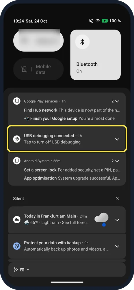 Android screenshot: USB debugging connected