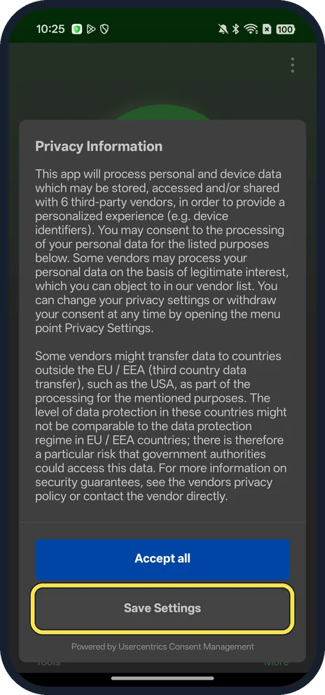 Android screenshot: Save Settings