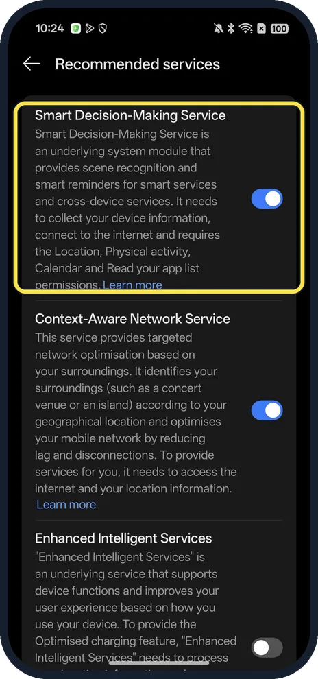 Android screenshot: Recommended services