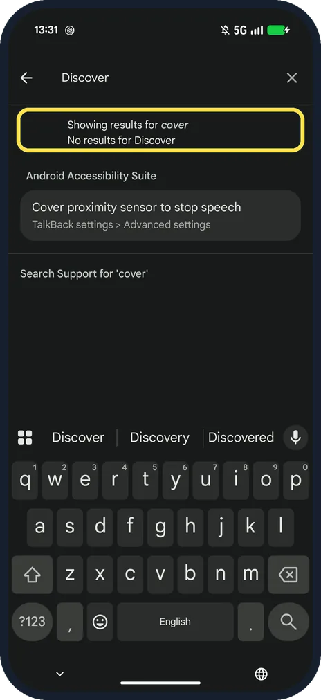 Android screenshot: No results for Discover