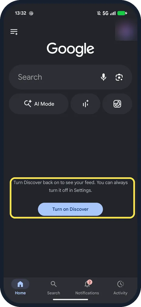 Android screenshot: Turn on Discover