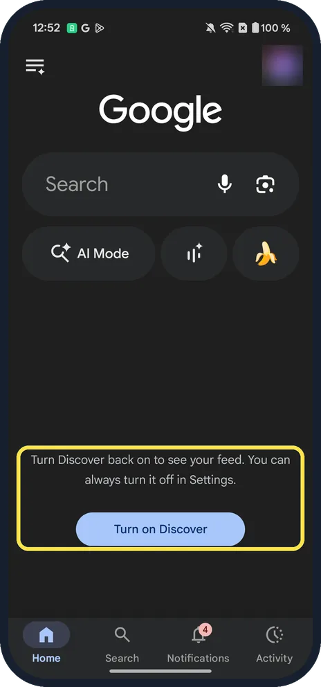 Android screenshot: Turn on Discover