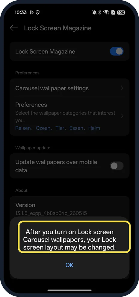 Android screenshot: Turn-on warning