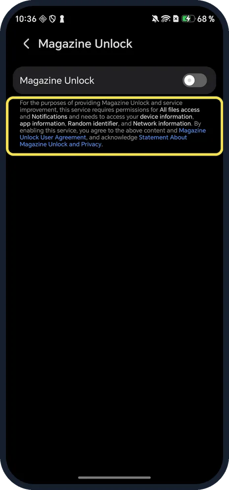 Android screenshot: Permissions notice