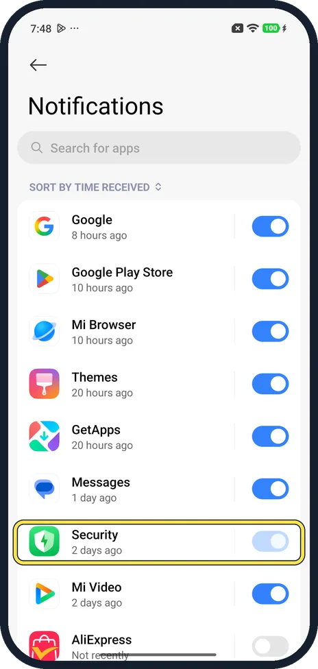 Android screenshot: Pale switch next to Security