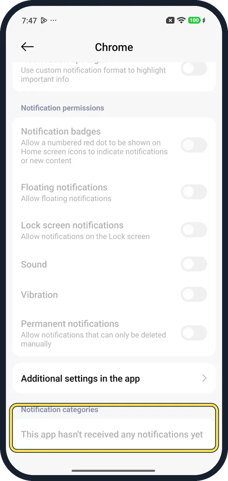 Android screenshot: Notification categories, empty for Chrome