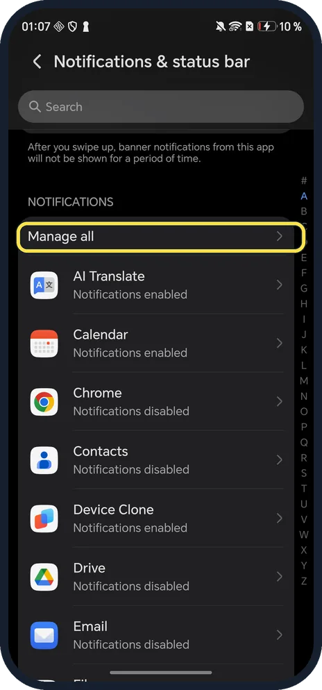Android screenshot: Manage all