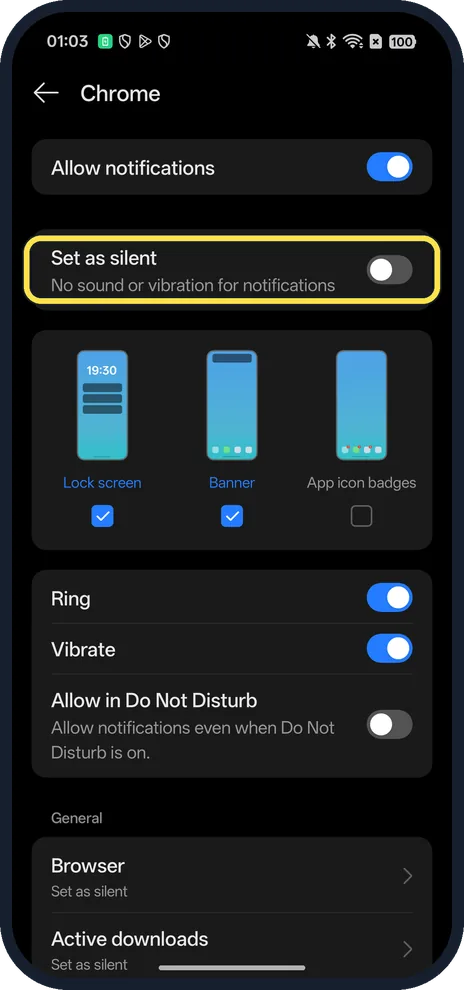 Android screenshot: Set as silent