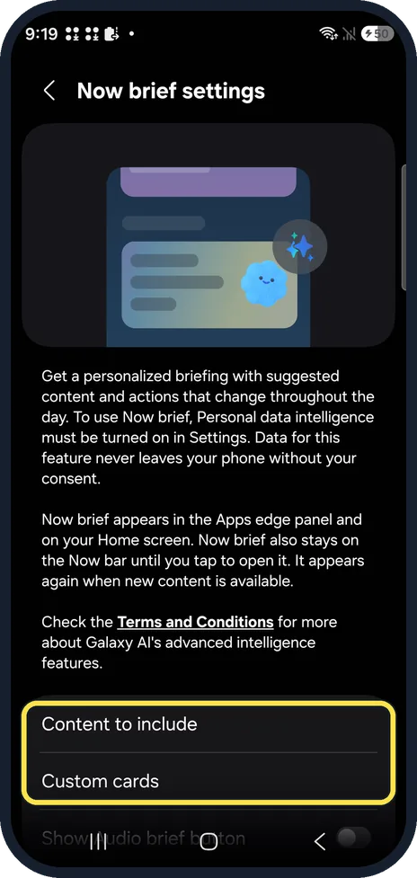 Android screenshot: Now brief settings on our Galaxy S26