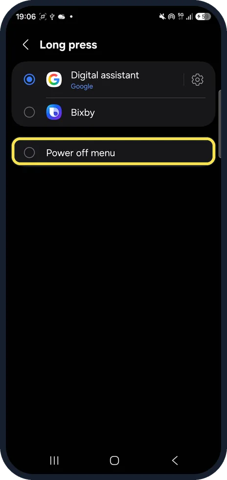 Android screenshot: Power off menu option under Long press
