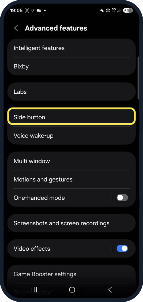 Android screenshot: Side button in Advanced features