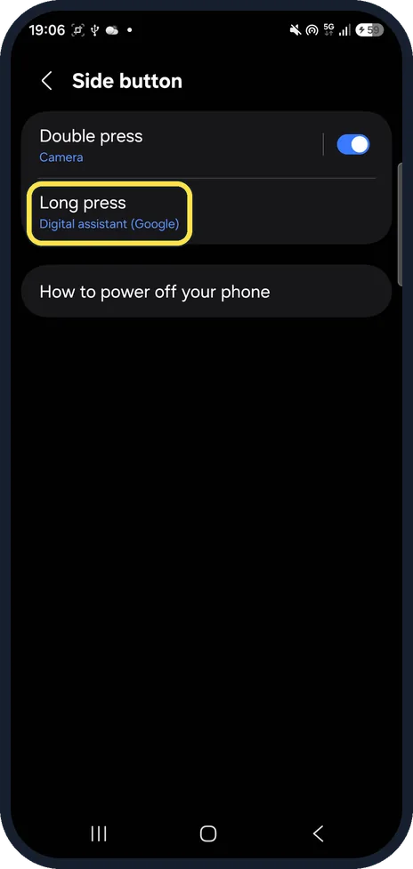 Android screenshot: Long press set to Digital assistant (Google)