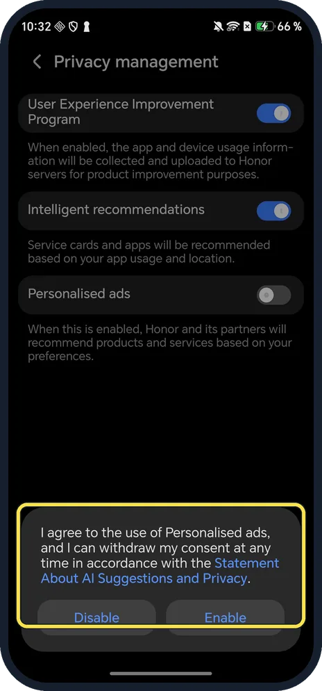 Android screenshot: Personalised ads consent