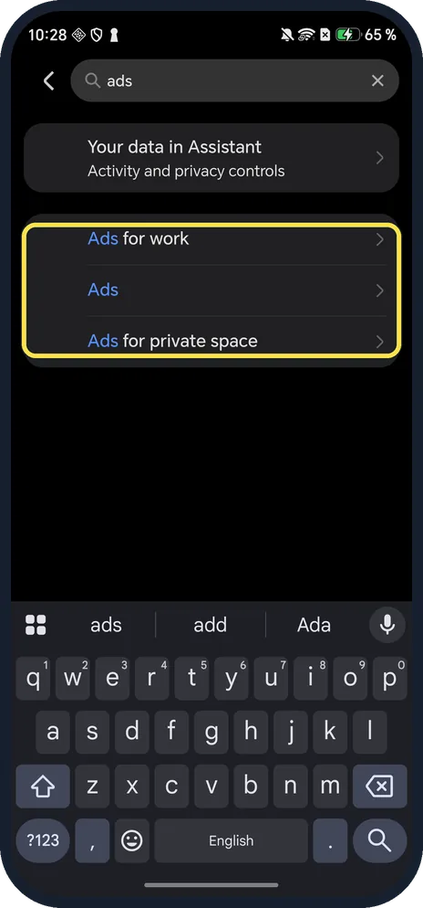 Android screenshot: Ads in Settings search