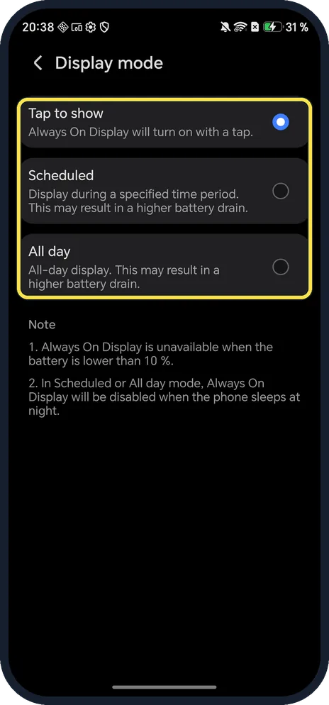 Android screenshot: Display mode choices