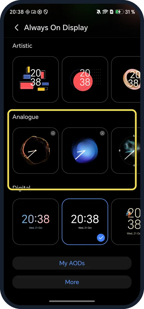 Android screenshot: Analogue and Digital styles