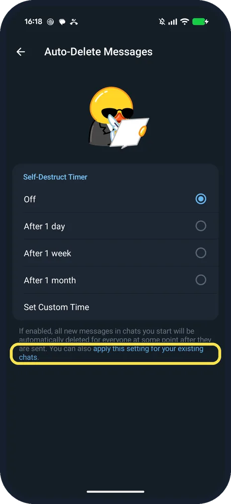 Android screenshot: apply this setting for your existing chats