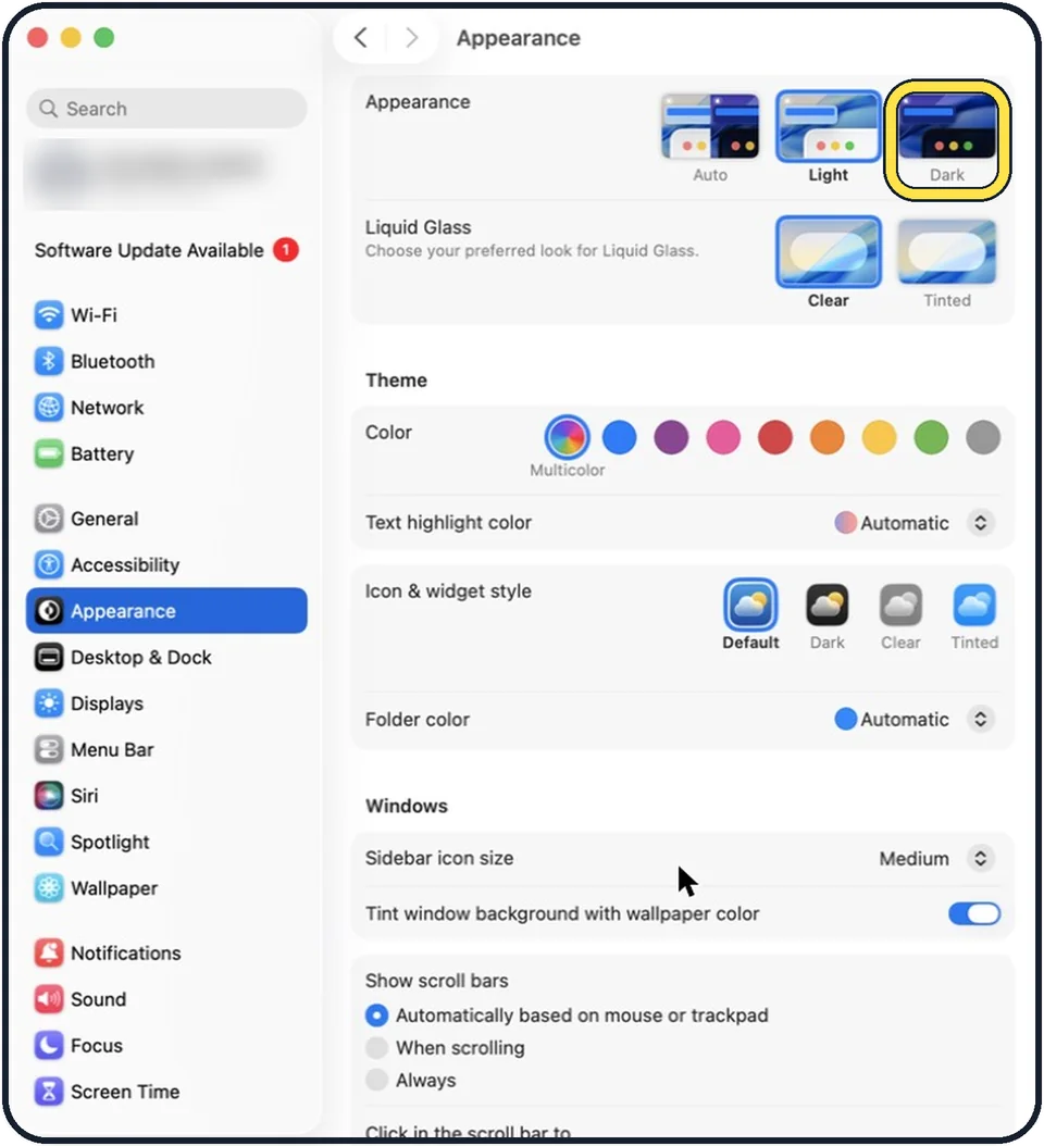 Mac screenshot: Choose Dark