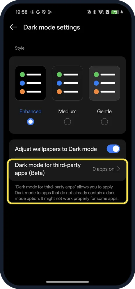 Android screenshot: Dark mode for third-party apps