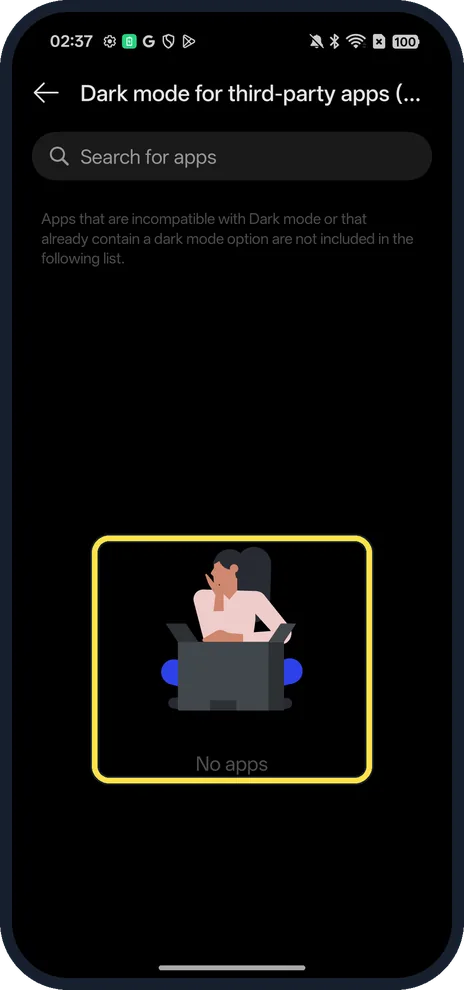 Android screenshot: No apps