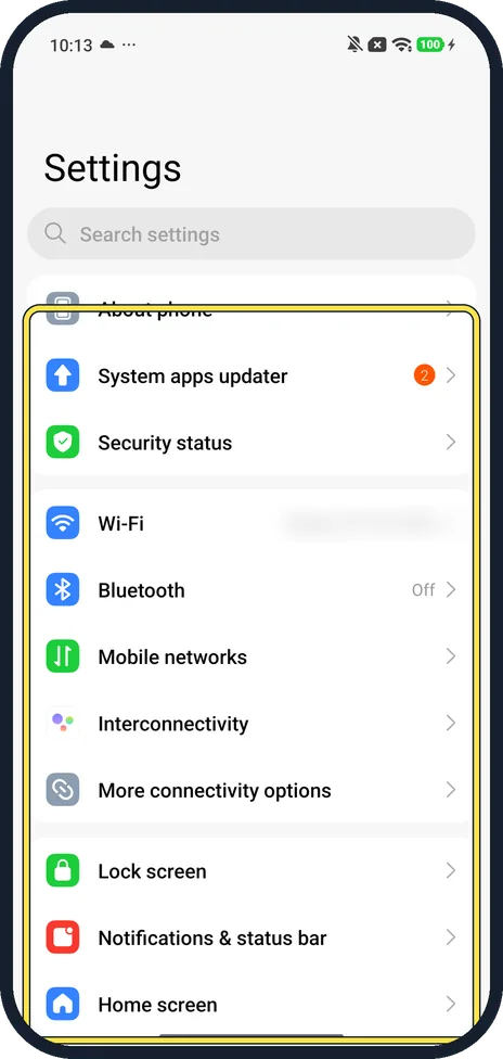 Android screenshot: Main Settings on our Redmi