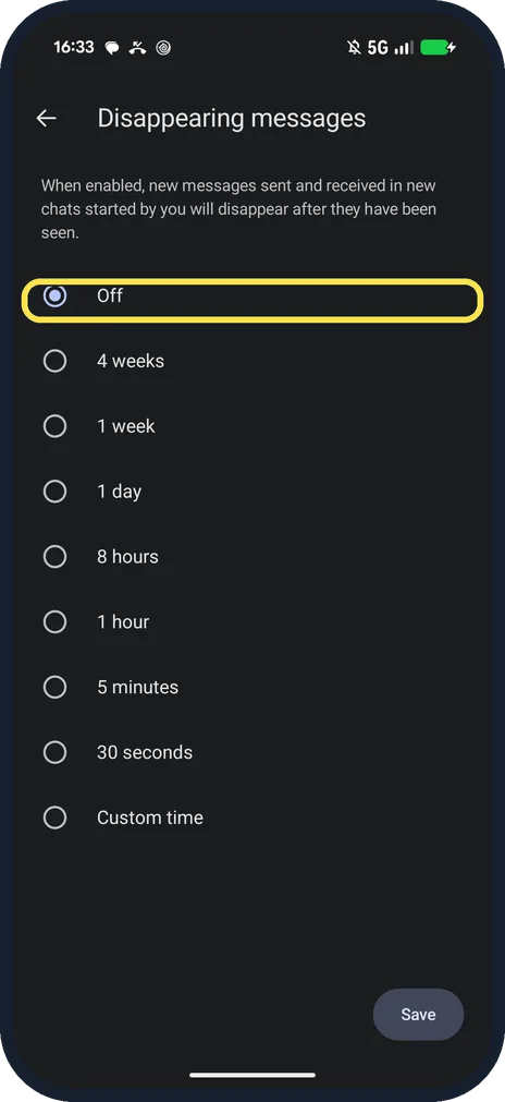 Android screenshot: Off