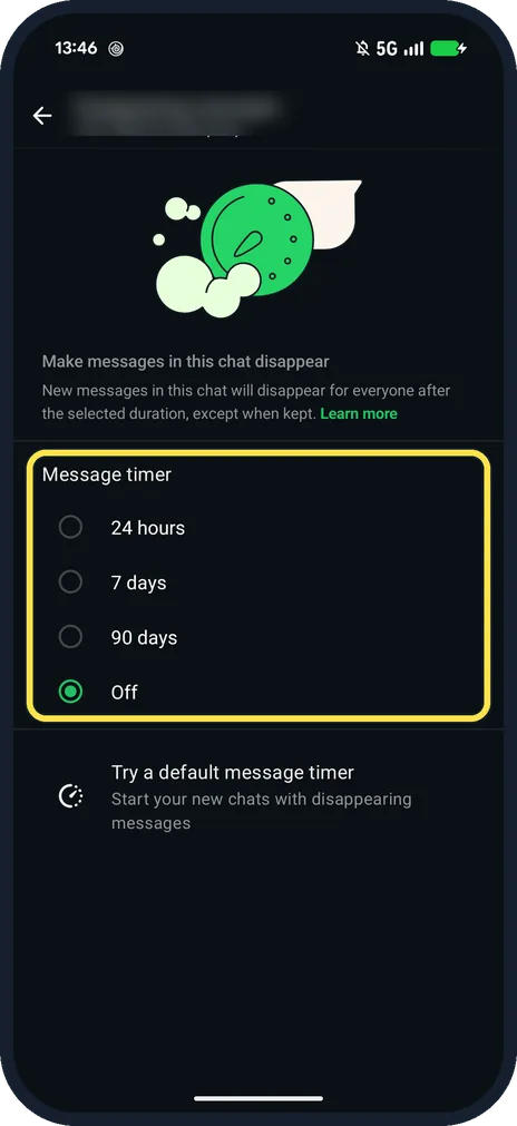 Android screenshot: Message timer