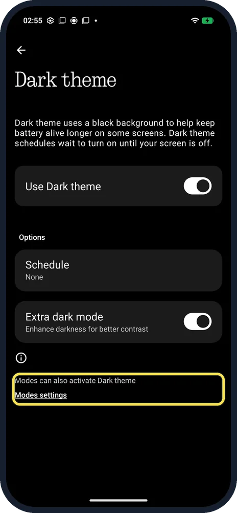 Android screenshot: Modes note
