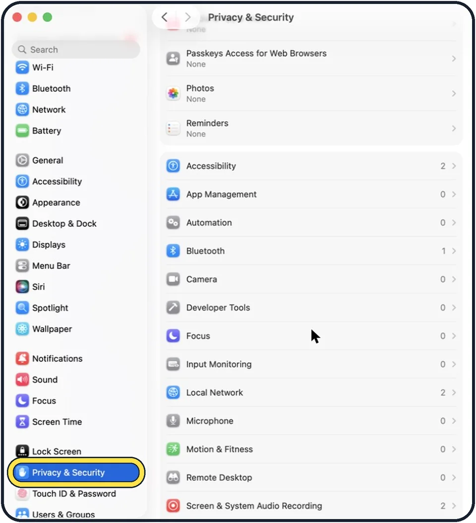 Mac screenshot: Open System Settings and click Privacy & Security