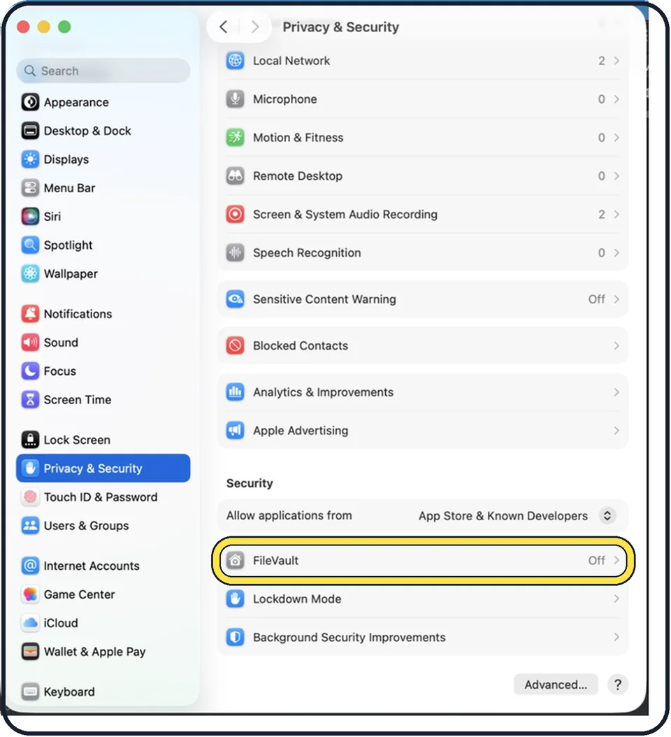 Mac screenshot: Scroll to FileVault and click Turn On