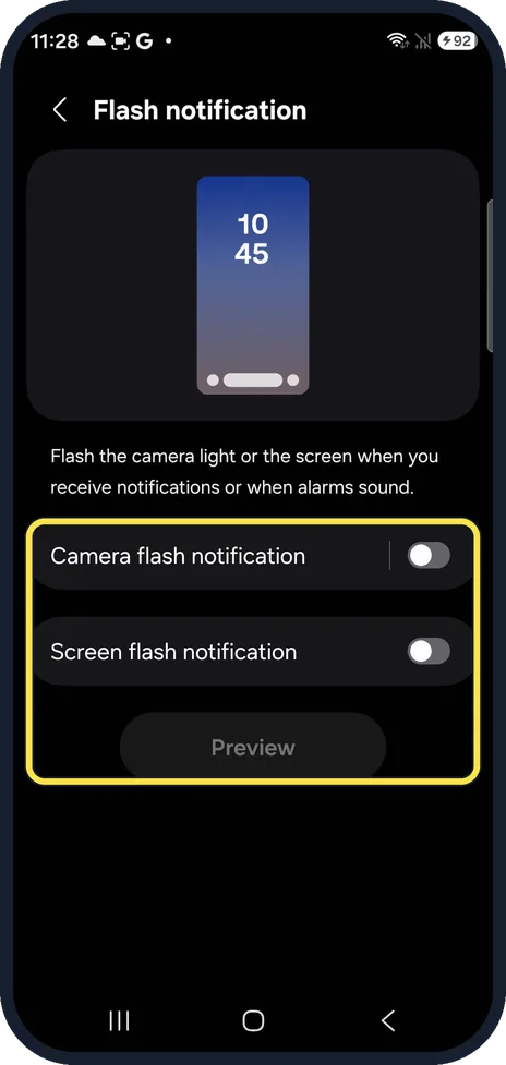 Android screenshot: Flash notification on our Galaxy S26