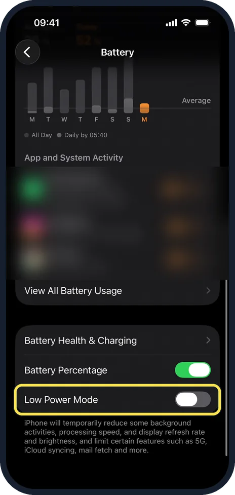 iPhone screen: Tap Power Mode and switch on Low Power Mode