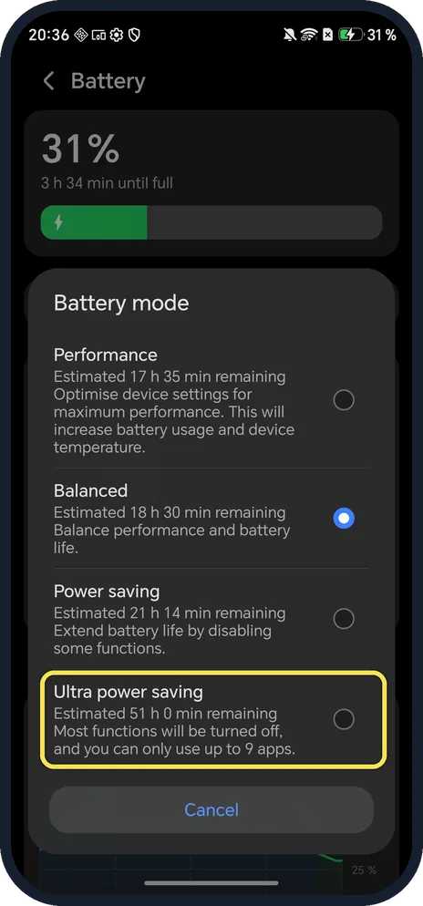 Android screenshot: Ultra power saving