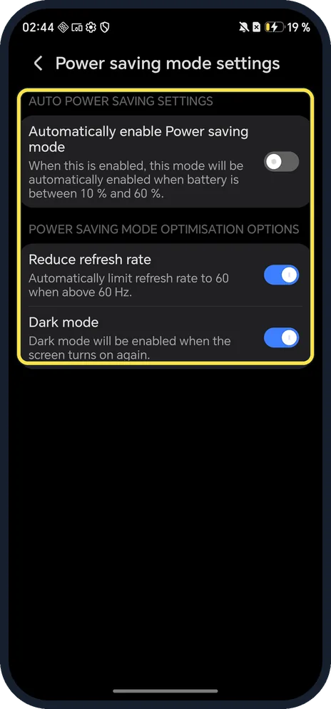 Android screenshot: Power saving mode settings