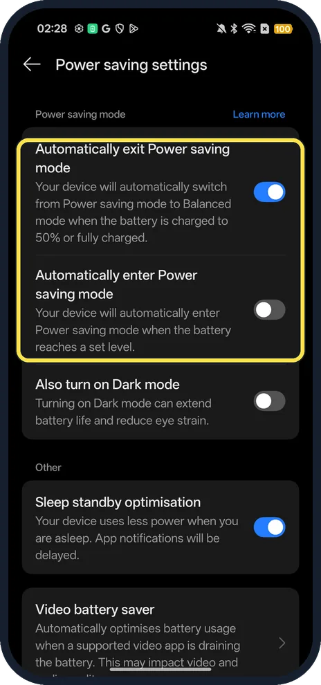 Android screenshot: Automatically exit and enter