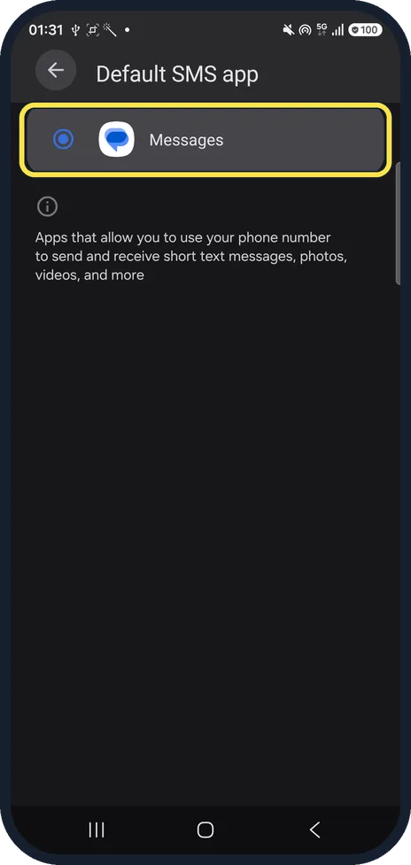 Android screenshot: The SMS app list on our Galaxy A57
