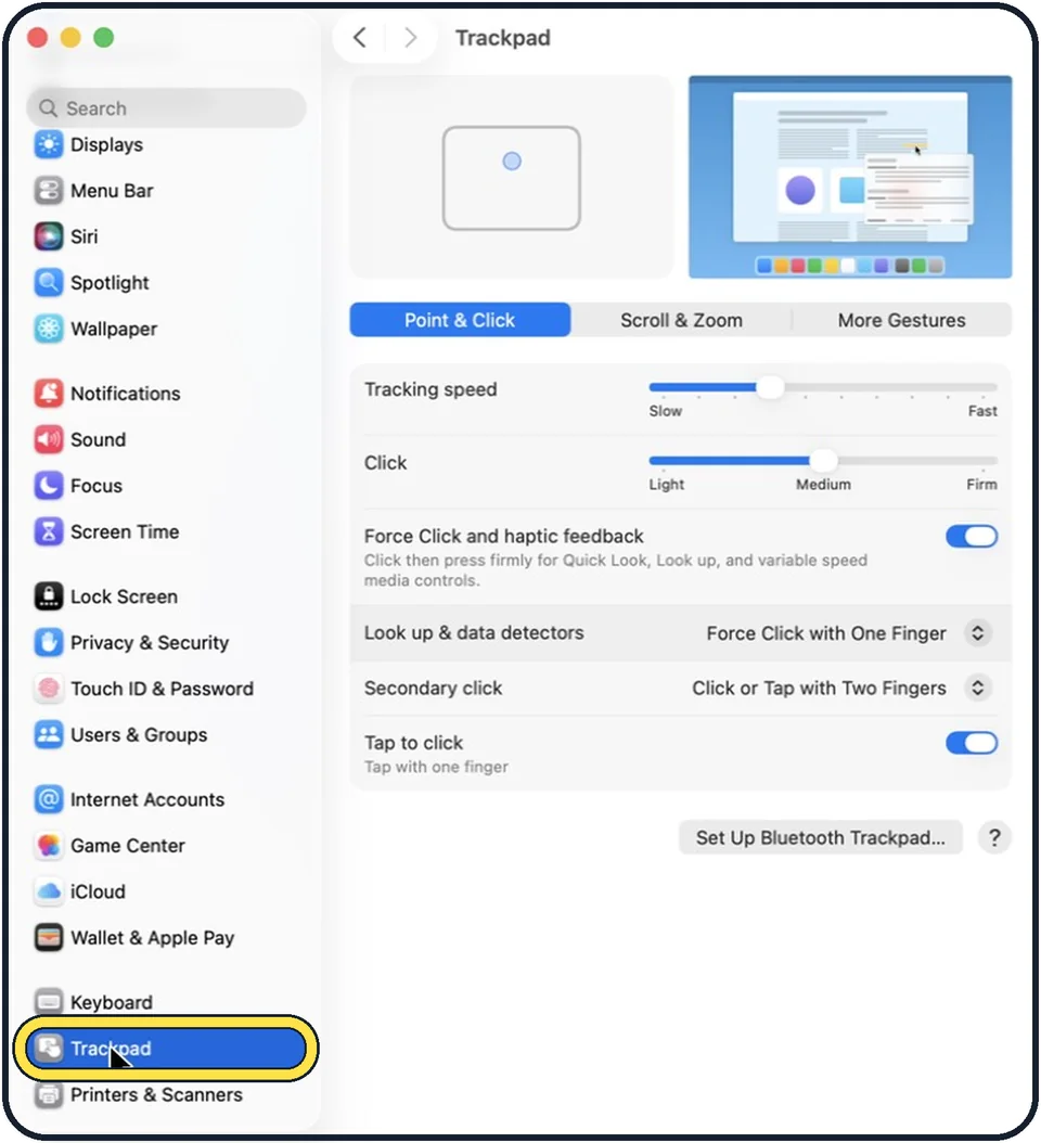 Mac screenshot: Click Trackpad in the sidebar