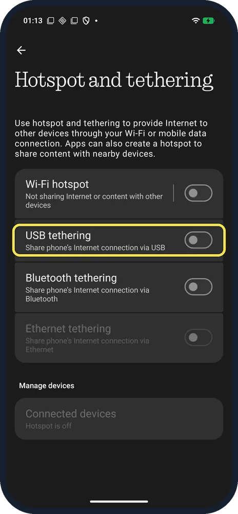 Android screenshot: USB tethering