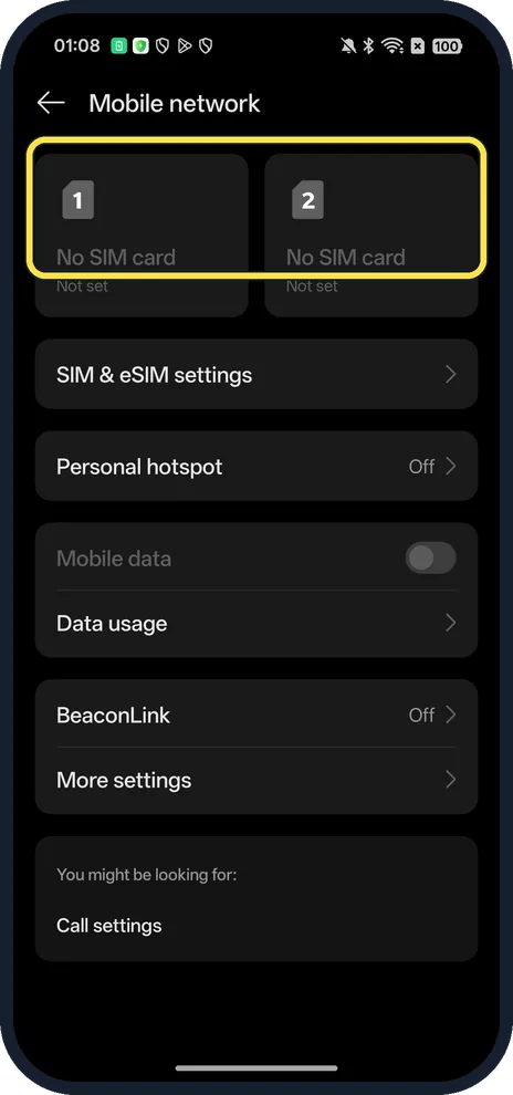 Android screenshot: No SIM card