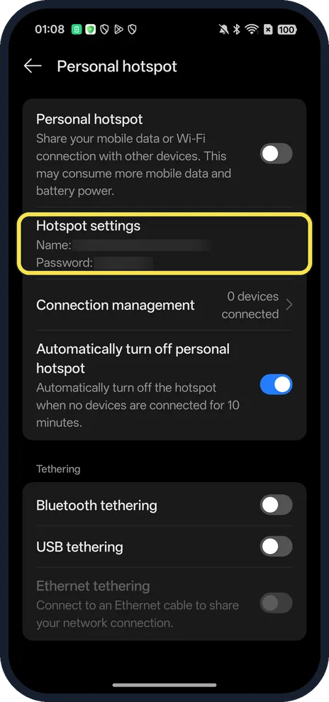 Android screenshot: Hotspot settings