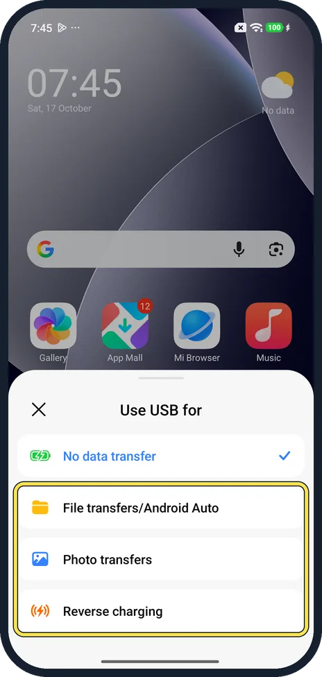 Android screenshot: File transfers, Photo transfers and Reverse charging choices