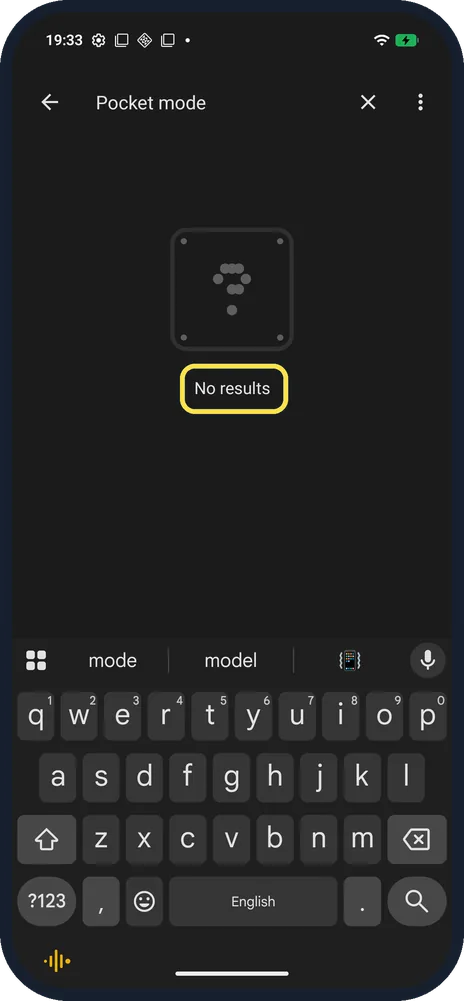 Android screenshot: No results for Pocket mode
