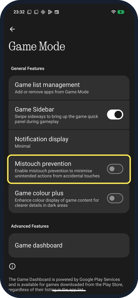 Android screenshot: Mistouch prevention in Game Mode