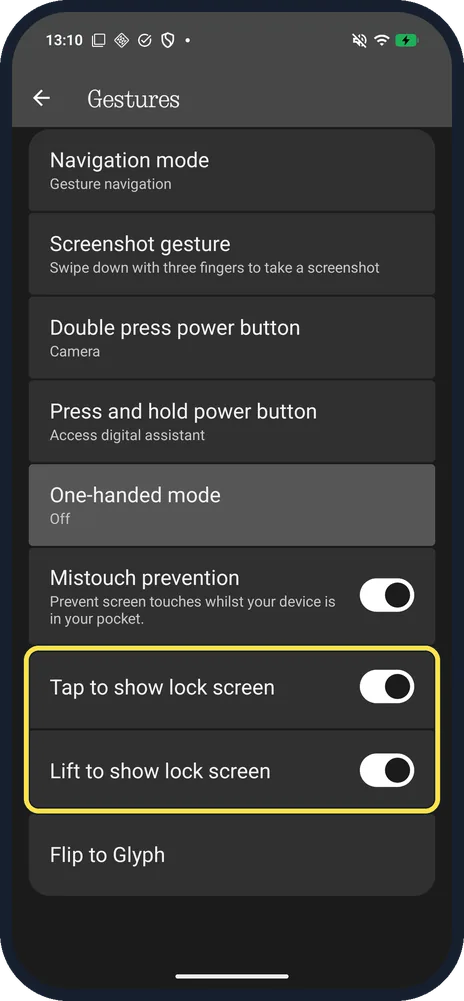 Android screenshot: Tap to show lock screen and Lift to show lock screen
