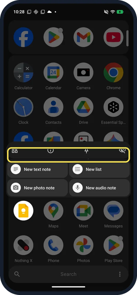 Android screenshot: No bin for Keep notes