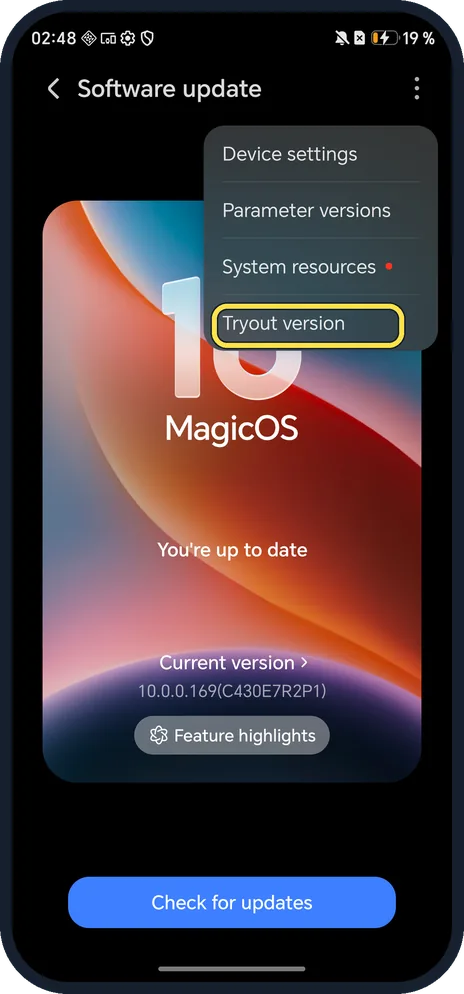 Android screenshot: Tryout version