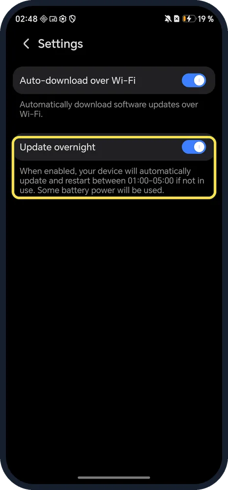 Android screenshot: Update overnight